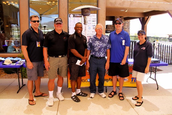 Larry Bingaman (3rd from r), regional vice president; Col. Dick Palmieri, USAF (l), chapter president; and Capt. Tricia Pacheco, USAF, golf chair, pose with winners of the chapter's second annual golf tournament in June. Thanks to great sponsorship and golfers who braved the 110-degree Arizona heat, more than $3,300 was raised to support the chapter's STEM outreach scholarships and grants.